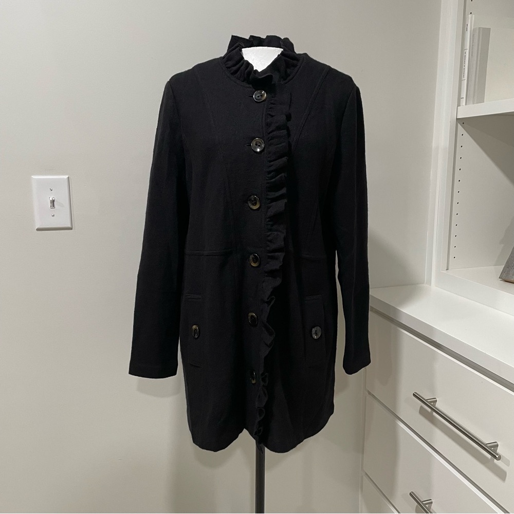 J. McLaughlin Black Ruffled Front Long Coat